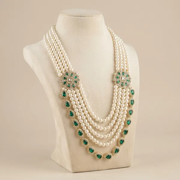White_And_Green_Metal_And_Pearls_Mala_For_Men