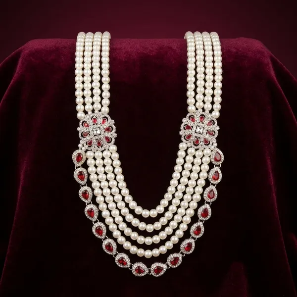 White_And_Red_Metal_And_Pearls_Mala_For_Men
