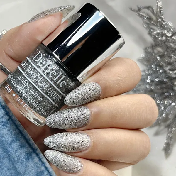 DeBelle_Gel_Nail_Lacquer_Estella_Silver_With_Black_Glitter_Sugar_Finish_Nail_Polish_8_Ml
