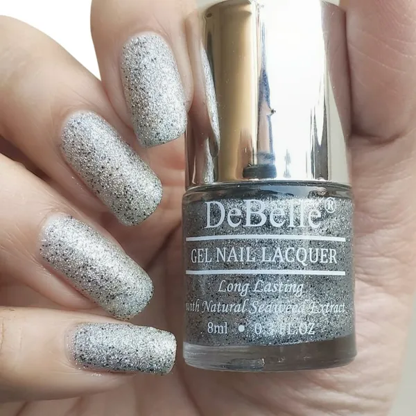 DeBelle_Gel_Nail_Lacquer_Estella_Silver_With_Black_Glitter_Sugar_Finish_Nail_Polish_8_Ml