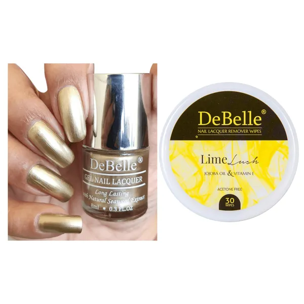 DeBelle_Gel_Nail_Lacquer_Chrome_Gold_Lime_Lush_Nail_Lacquer_Remover_Wipes_Combo