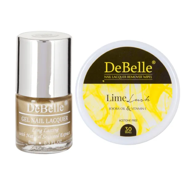 DeBelle_Gel_Nail_Lacquer_Chrome_Gold_Lime_Lush_Nail_Lacquer_Remover_Wipes_Combo