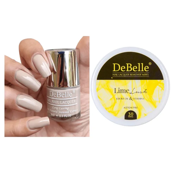 DeBelle_Gel_Nail_Lacquer_Victorian_Beige_Lime_Lush_Nail_Lacquer_Remover_Wipes_Combo