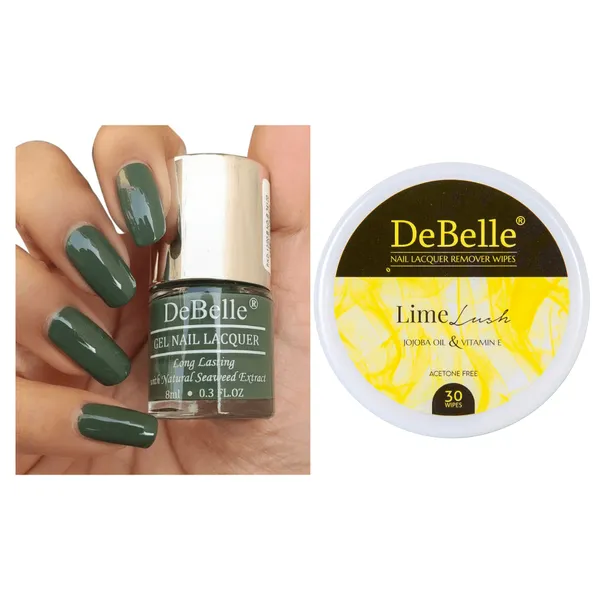 DeBelle_Gel_Nail_Lacquer_Green_Olivia_Lime_Lush_Nail_Lacquer_Remover_Wipes_Combo