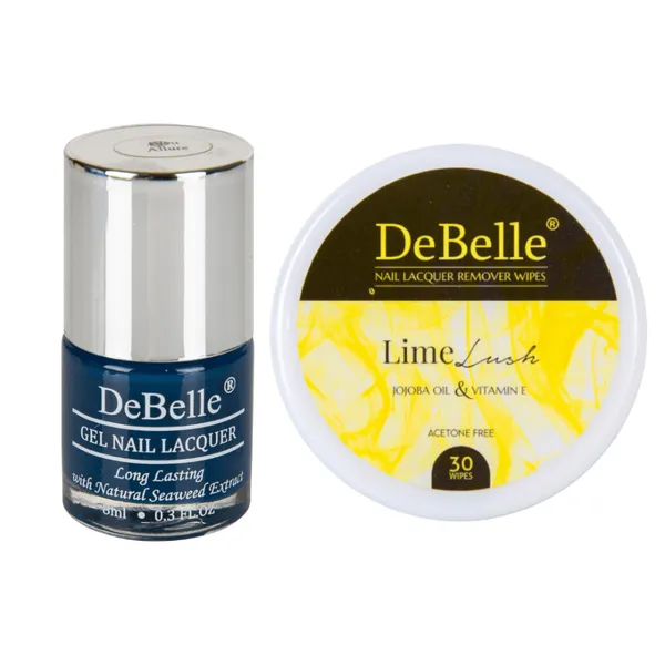 DeBelle_Gel_Nail_Lacquer_Bleu_Allure_Lime_Lush_Nail_Lacquer_Remover_Wipes_Combo