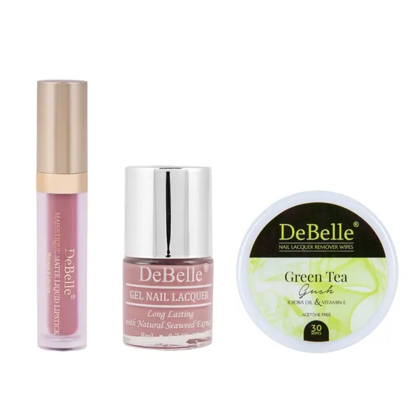 DeBelle_Combo_Of_3_Majestique_Matte_Liquid_Lipstick_Luscious_Louise_Remover_Wipes_Green_Tea_Gush_Nail_Polish_Rose_Aurelia