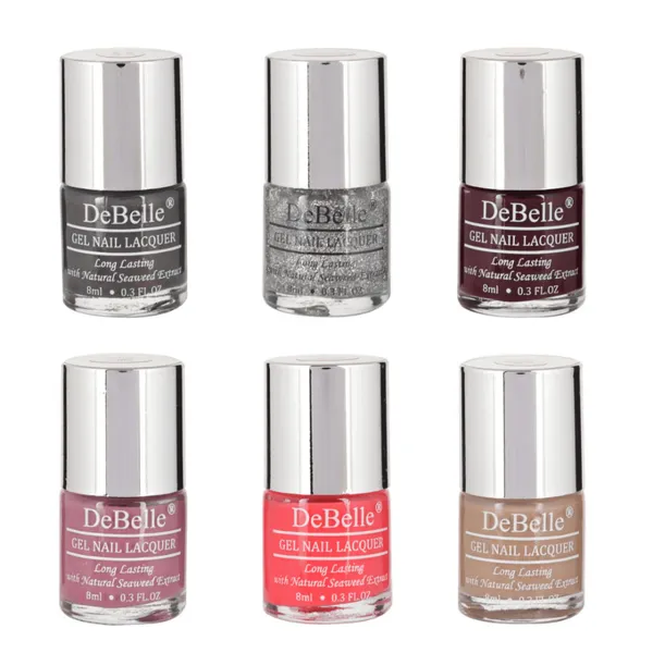 DeBelle_Gel_Nail_Lacquer_Combo_Set_Of_6_Copper_Glaze_Shimmer_Top_Coat_Glamorous_Garnet_Laura_Aura_Fuschia_Rose_Coco_Bean