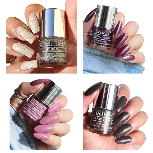 DeBelle_Gel_Nail_Lacquer_Combo_Set_Of_4_Shimmer_Top_Coat_Copper_Glaze_Glamorous_Garnet_Laura_Aura_8_Ml
