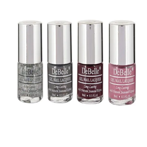 DeBelle_Gel_Nail_Lacquer_Combo_Set_Of_4_Shimmer_Top_Coat_Copper_Glaze_Glamorous_Garnet_Laura_Aura_8_Ml