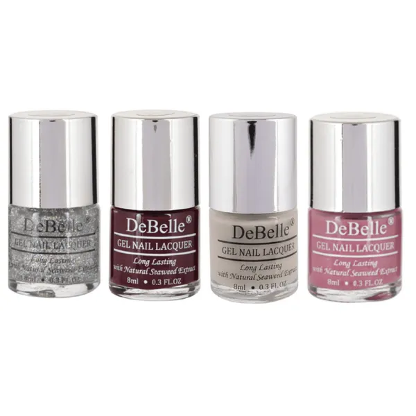 DeBelle_Gel_Nail_Lacquer_Combo_Set_Of_4_Shimmer_Top_Coat_Glamorous_Garnet_Natural_Blush_Laura_Aura_8_Ml_Each