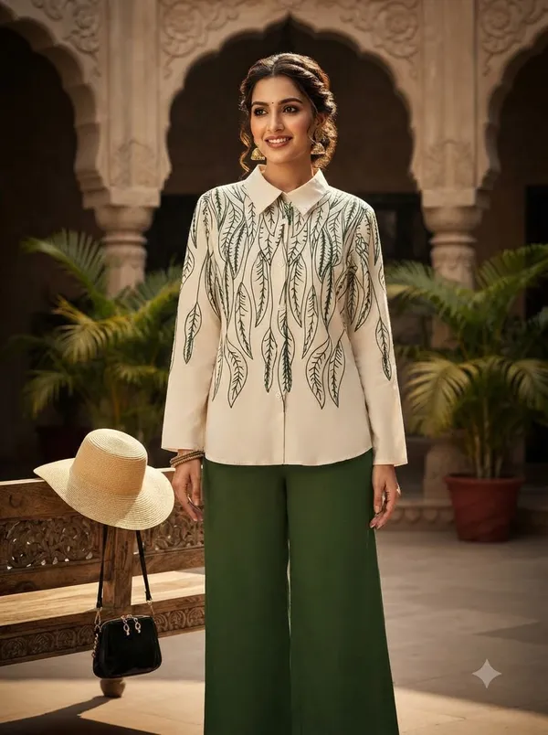 White_top_with_Dark_Grey/Black_embroidery_+_Olive_Green_pants