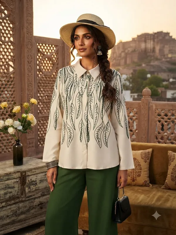 White_top_with_Dark_Grey/Black_embroidery_+_Olive_Green_pants
