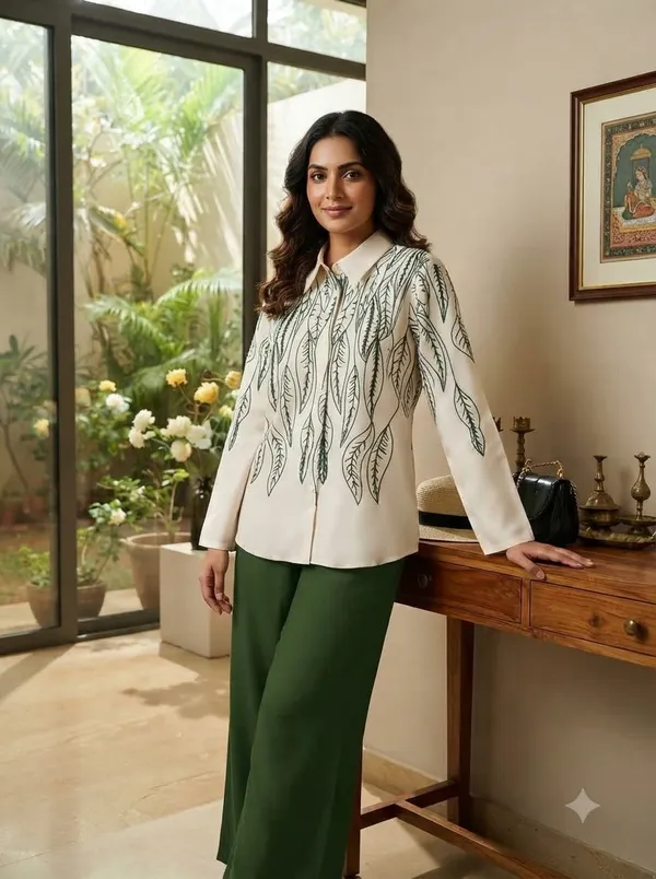 White_top_with_Dark_Grey/Black_embroidery_+_Olive_Green_pants