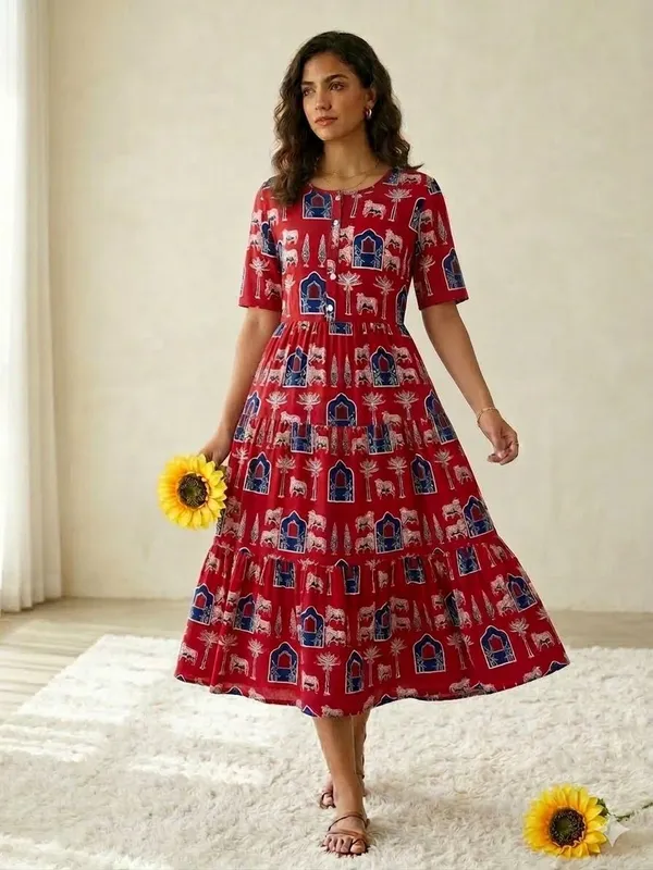 Red_Ethnic_Print_Fit_And_Flare_Cotton_Midi_Dress