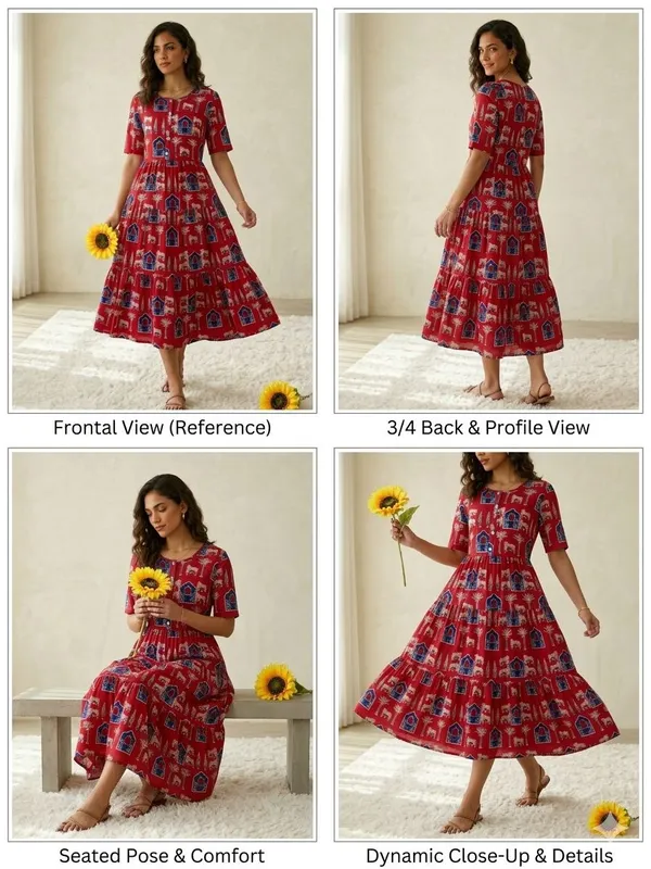 Red_Ethnic_Print_Fit_And_Flare_Cotton_Midi_Dress