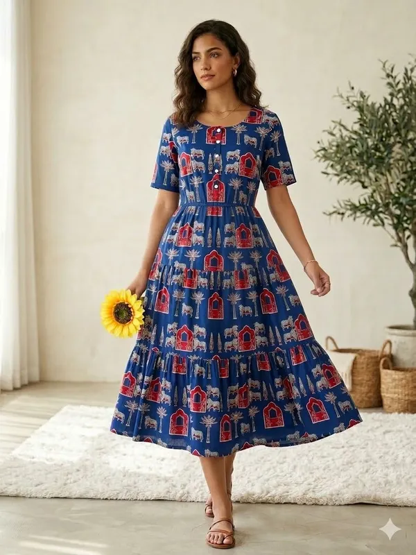Blue_Ethnic_Print_Fit_And_Flare_Cotton_Midi_Dress