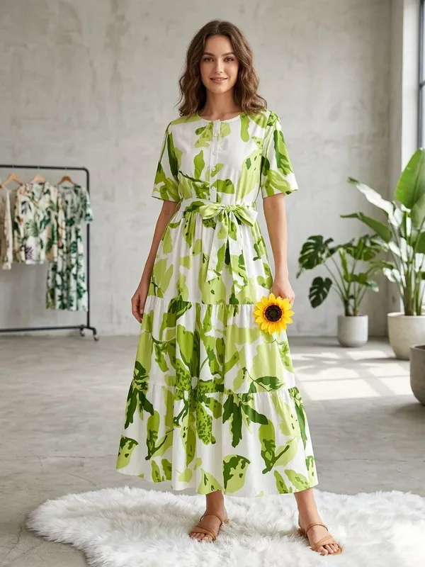 Green_Floral_Print_Fit_And_Flare_Cotton_Midi_Dress