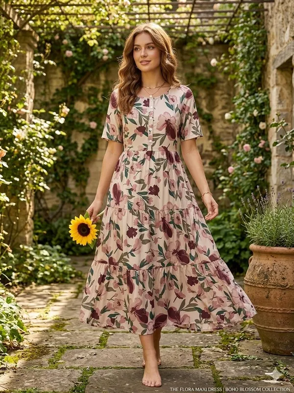 Brown_Floral_Print_Fit_And_Flare_Cotton_Midi_Dress