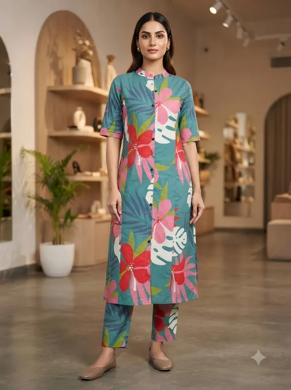 Sea_Green_with_red-pink_floral_print_Co-ord_Sets