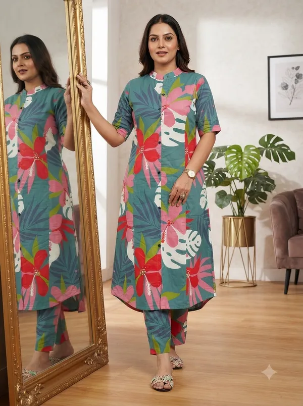 Sea_Green_with_red-pink_floral_print_Co-ord_Sets