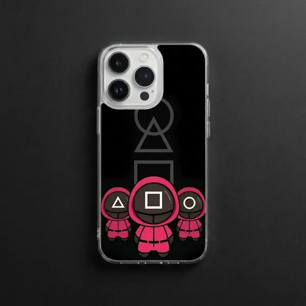 Squid_Game_Guards_Transparent_iPhone_Case_-_Pink_Guards_with_Geometric_Symbols_Design