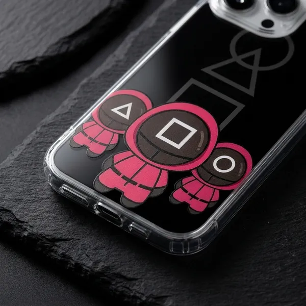 Squid_Game_Guards_Transparent_iPhone_Case_-_Pink_Guards_with_Geometric_Symbols_Design