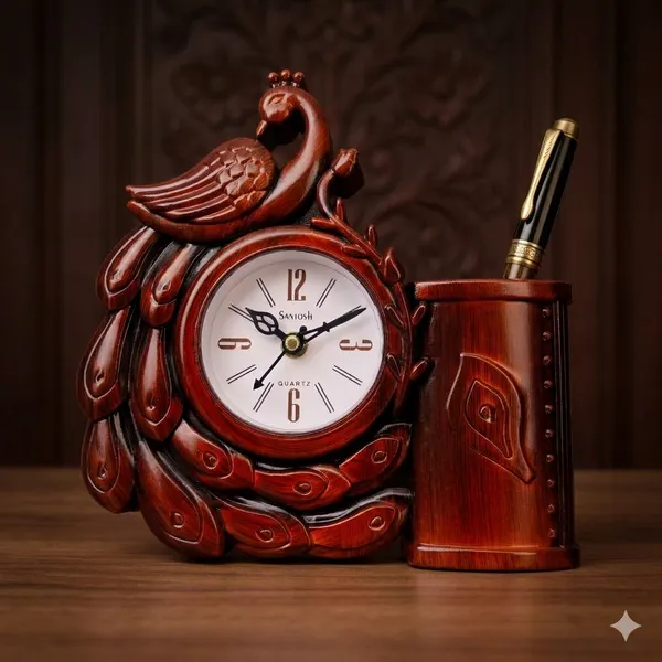 Brown_Plastic_Plastic_Clock_With_Pen_Stand_For_Desk_Decor_And_Office_Use