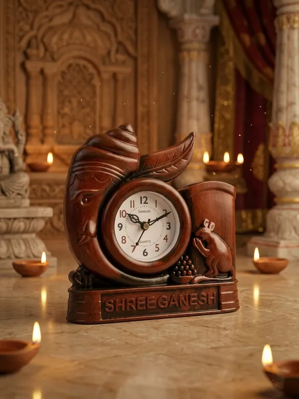 Reddish-_Brown__Plastic_Clock_With_Pen_Stand_For_Desk_Decor_And_Office_Use