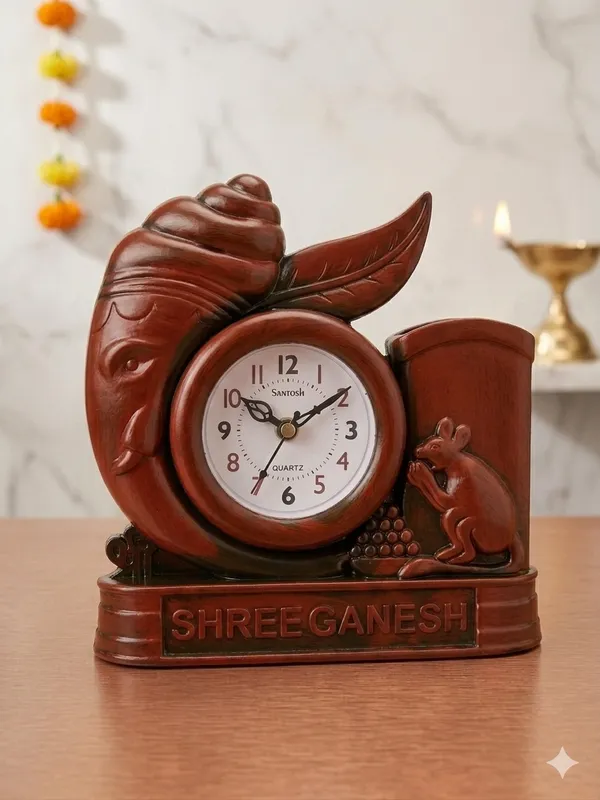 Reddish-_Brown__Plastic_Clock_With_Pen_Stand_For_Desk_Decor_And_Office_Use