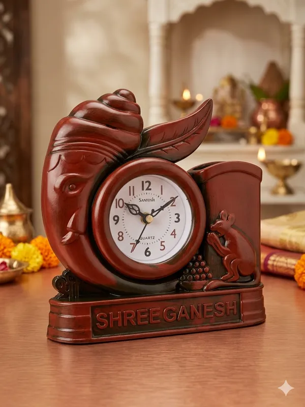 Reddish-_Brown__Plastic_Clock_With_Pen_Stand_For_Desk_Decor_And_Office_Use