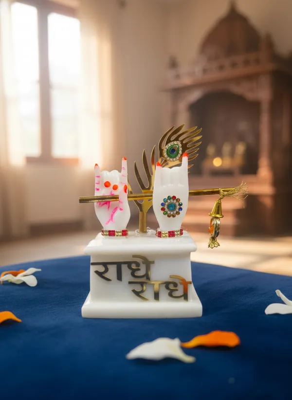 White_Marbel_Radha_Krishna__Hand_with_Flute_&_Peacock_Feather_home_decor