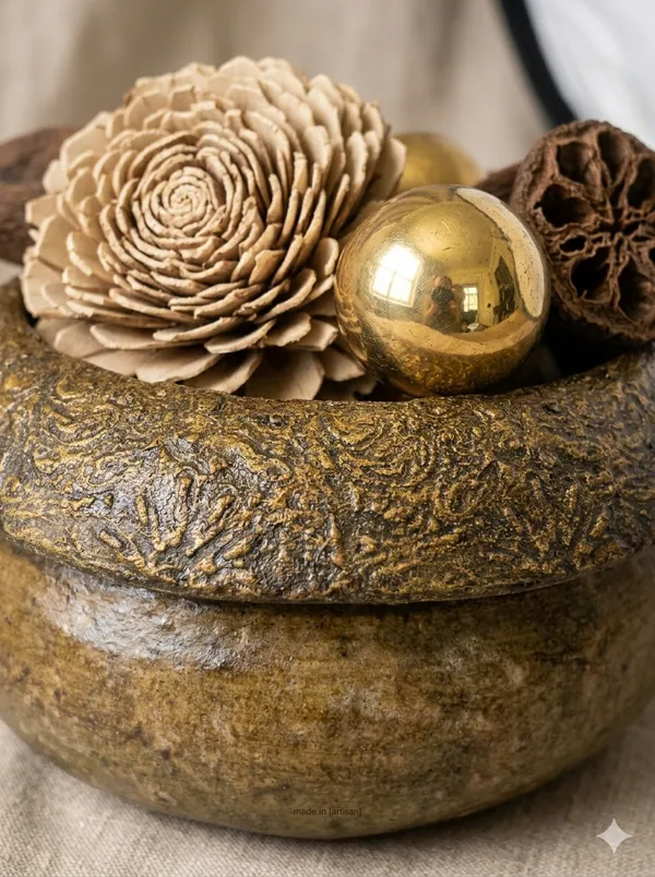 Mycelium_Bonded_Agri-waste_Handcrafted_Vase/Bowl__(8"x8"x3")with_Paper-Mache__Antique_Finish-Eco-Friendly_Sustainable_Decor_and_Natural_Design