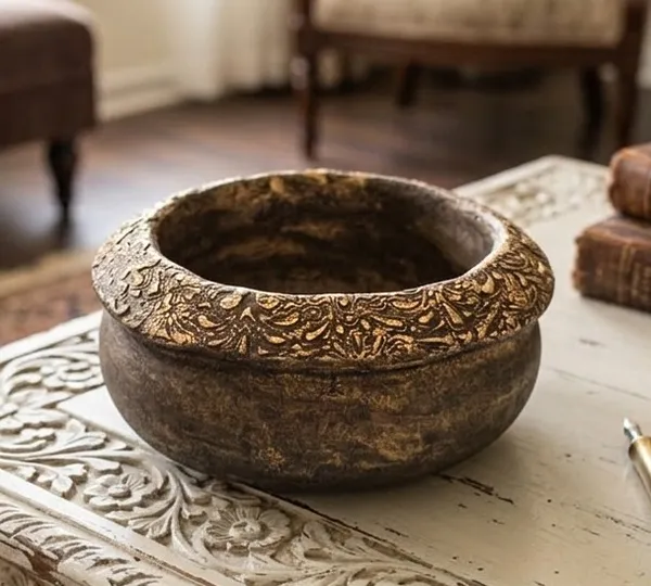 Mycelium_Bonded_Agri-waste_Handcrafted_Vase/Bowl__(8"x8"x3")with_Paper-Mache__Antique_Finish-Eco-Friendly_Sustainable_Decor_and_Natural_Design
