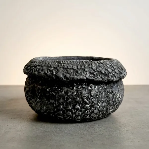 Mycelium_Bonded_Agri-waste_Handcrafted_Vase/Bowl__(8"x8"x3")with_Paper-Mache__Chiselled_Stone_Finish-Eco-Friendly_Sustainable_Decor_and_Natural_Design