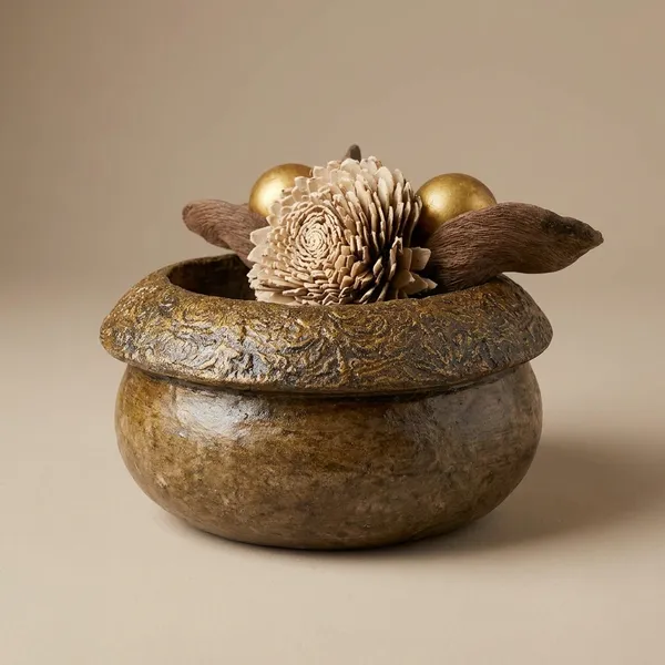 Mycelium_Bonded_Agri-waste_Handcrafted_Vase/Bowl__(8"x8"x3")with_Paper-Mache__Antique_Finish-Eco-Friendly_Sustainable_Decor_and_Natural_Design
