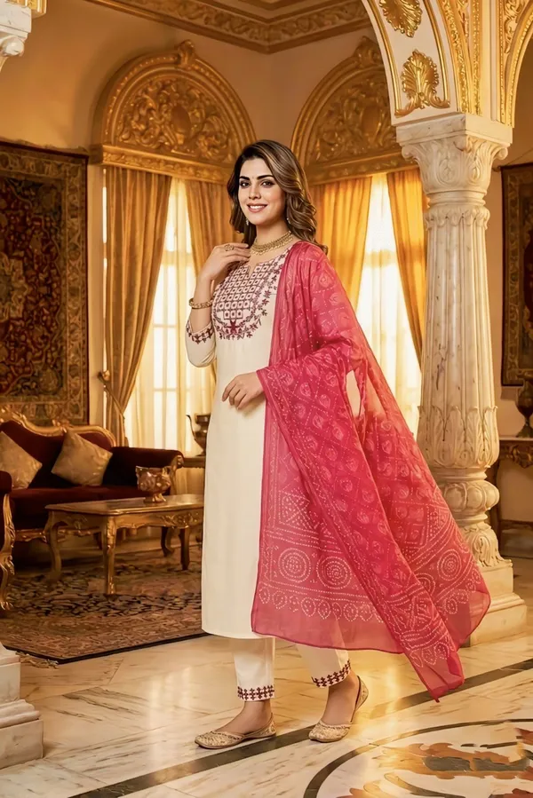 Cream_Embroidered_Salwar_Suit_Set_With_Pink_Dupatta_For_Women
