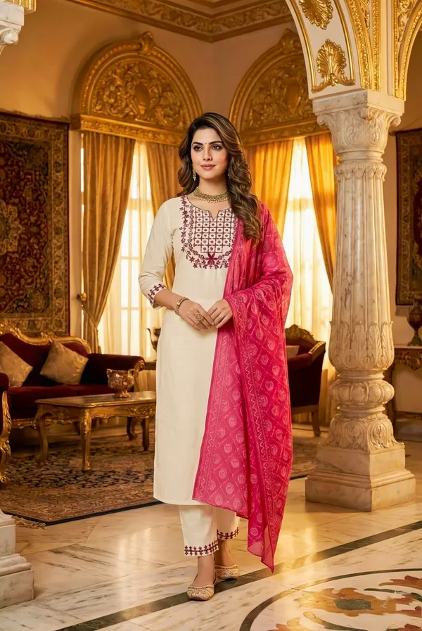 Cream_Embroidered_Salwar_Suit_Set_With_Pink_Dupatta_For_Women