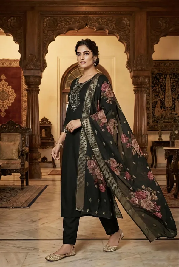 Black_Embroidered_Salwar_Suit_Set_With_Floral_Dupatta_For_Women