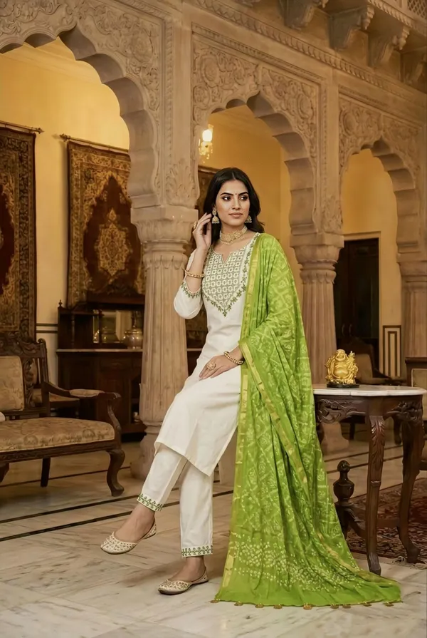 White_Embroidered_Kurta_Pant_Set_With_Green_Dupatta_For_Women