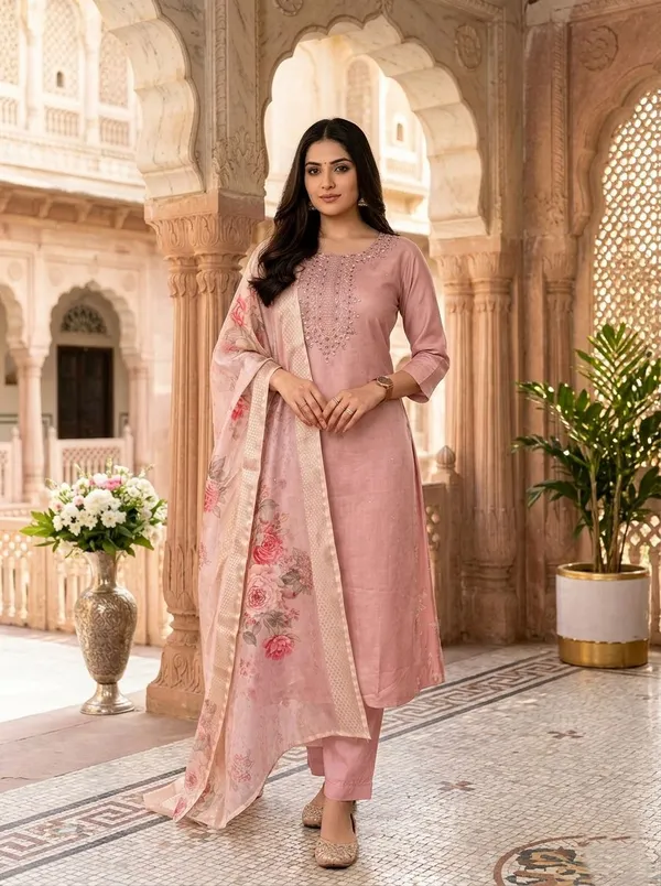 Pink_Elegant_Embroidered_Kurta_Set_With_Floral_Dupatta_For_Women