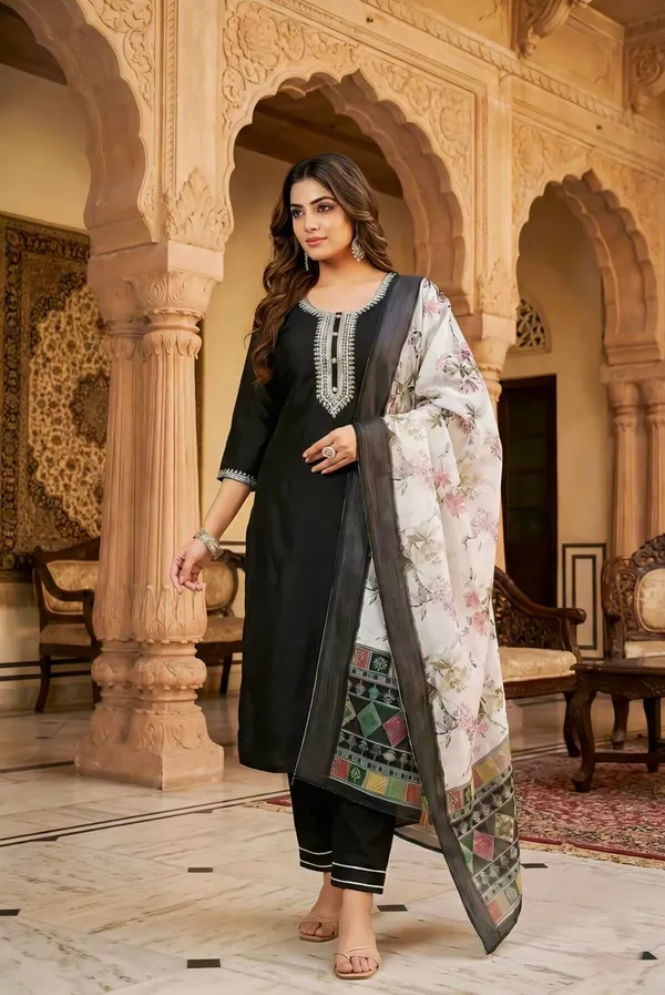 Black_Embroidered_Kurta_Set_With_Floral_Dupatta_For_Women