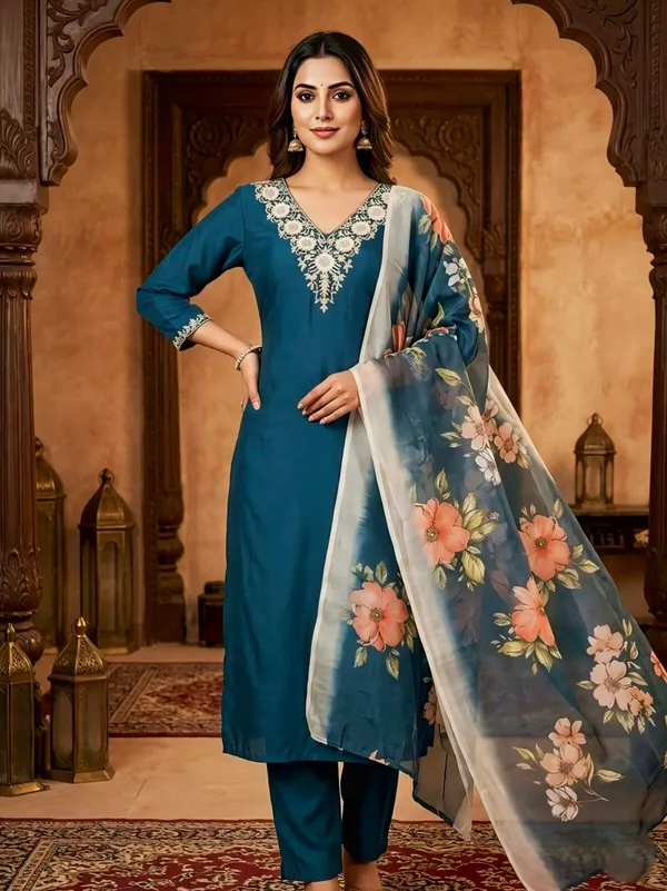 Teal_Blue_Elegant_Embroidered_Salwar_Suit_Set_With_Floral_Dupatta_For_Women
