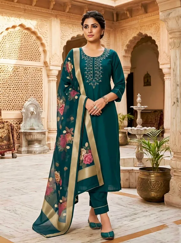 Teal_Green_Embroidered_Straight_Kurta_Set_With_Floral_Dupatta_For_Women