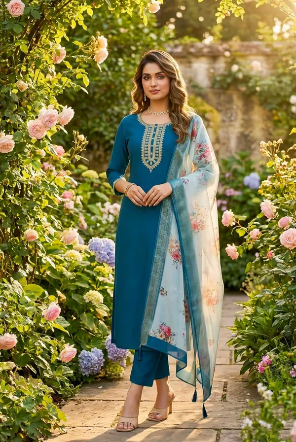 Teal_Blue_Embroidered_Kurta_Set_With_Floral_Printed_Dupatta_Ethnic_Wear_For_Women