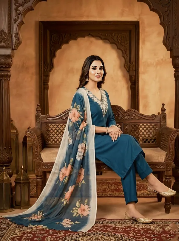 Teal_Blue_Elegant_Embroidered_Salwar_Suit_Set_With_Floral_Dupatta_For_Women