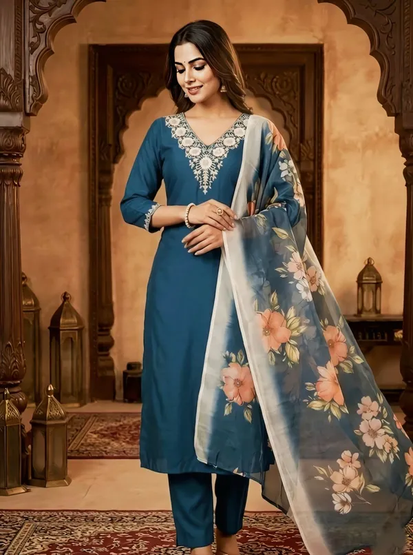 Teal_Blue_Elegant_Embroidered_Salwar_Suit_Set_With_Floral_Dupatta_For_Women