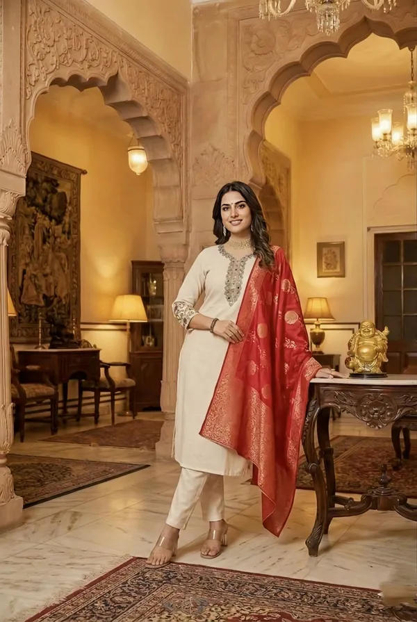 Cream_Embroidered_Straight_Cut_Salwar_Suit_With_Red_Banarasi_Dupatta_For_Women