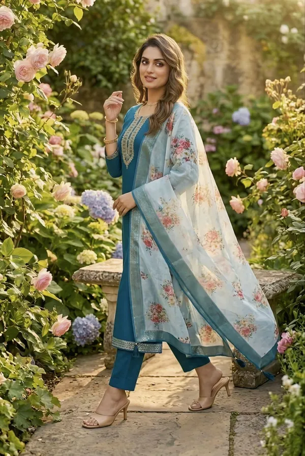 Teal_Blue_Embroidered_Kurta_Set_With_Floral_Printed_Dupatta_Ethnic_Wear_For_Women