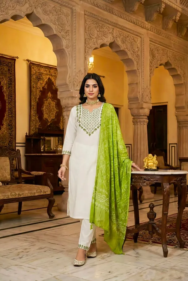 White_Embroidered_Kurta_Pant_Set_With_Green_Dupatta_For_Women