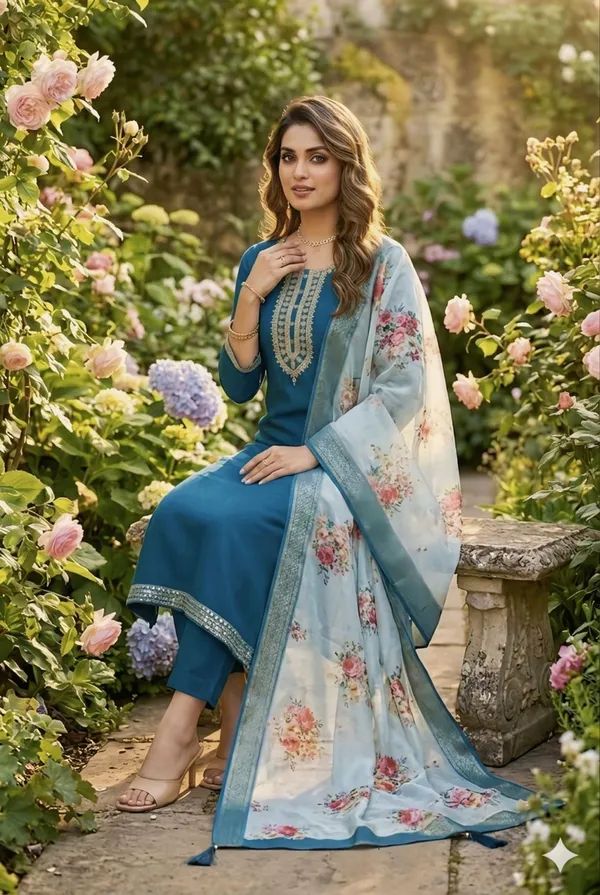 Teal_Blue_Embroidered_Kurta_Set_With_Floral_Printed_Dupatta_Ethnic_Wear_For_Women